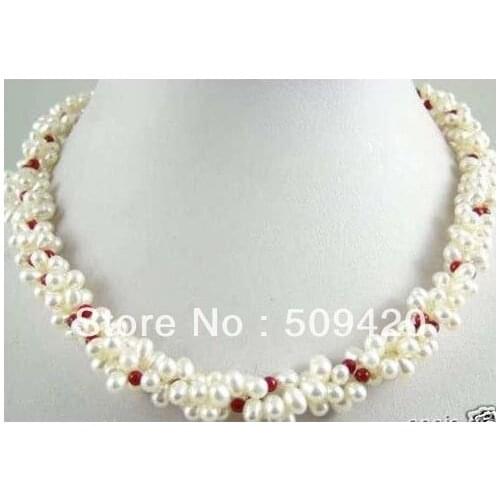 Free Shipping>>>White Freshwater Pearl Coral 3 Rows Twist Necklace