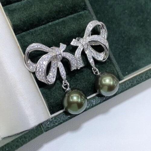 D528 Pearl Earrings Fine Jewelry 925 Sterling Silver Round 9-10mm Fresh Water Peacock Green Black Pearls Drop Dangle Earrings