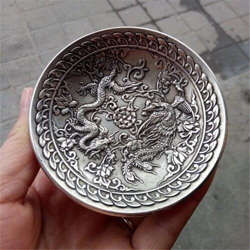 Collection Chinese Tibet Silver Carved Mythical Animals Dragon And Phoenix Plate Dish Exquisite Small Statues