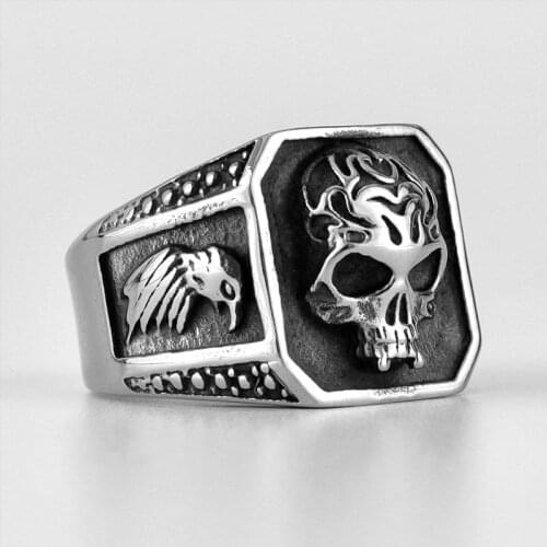 Megin D New Vintage Personality Skull Bird Titanium Steel Rings for Men Women Couple Family Friend Fashion Design Gift Jewelry