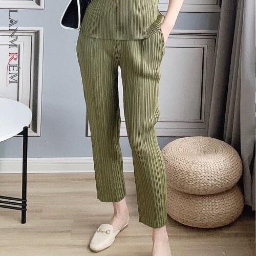 LANMREM 2021 Autumn New Pleated Elastic Waist All-match Simple Black Ankle-length Solid Color Straight Pants For Women 2A2902