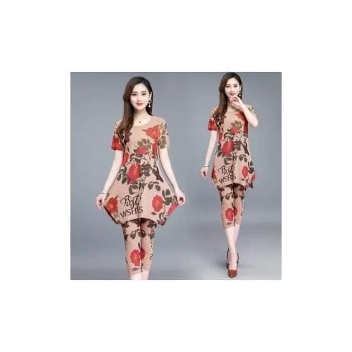 Summer new loose size womens short sleeve cropped pants fashion color two-piece set