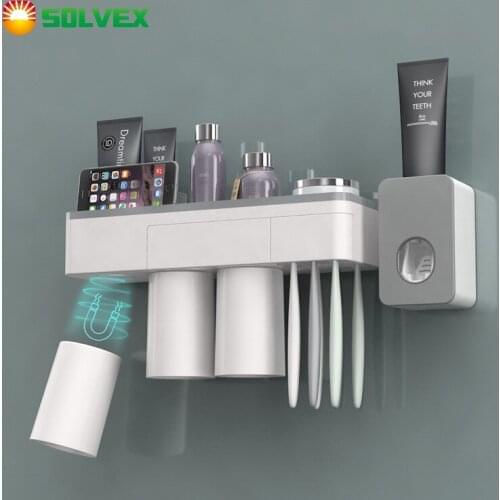 Magnetic Adsorption Inverted Toothbrush Holder Double Automatic Toothpaste Squeezer Dispenser Storage Rack Bathroom Accessories