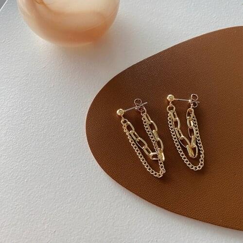 Minar Minimalist Gold Color Chunky Chain Tassel Earrings for Women Double Layers Metallic Beaded Dangle Earrings Simple Jewelry