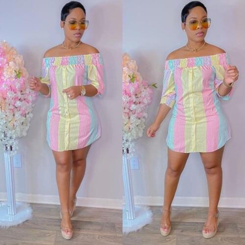 Fashion Off-shoulder Striped Dress Women Casual Plus Size Slash Neck Half-sleeve Striped Printed Shirt Dress Women