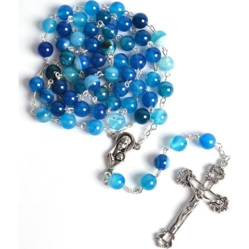 Fashion Round Blue Stone Beads Rosary Necklaces Madonna with Child Jesus Centerpiece