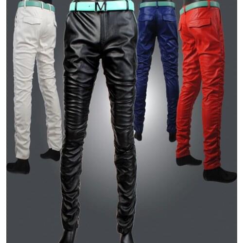 Motorcycle Vogue Mens PU Leather Trousers Slim Fit Colorful Pants Trouser Pencil Pants