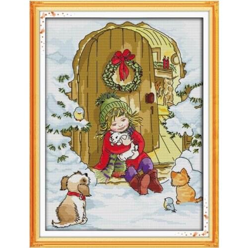 Girls and animals on Christmas Eve cross stitch kit 14ct 11ct stamped canvas cross stitching embroidery DIY handmade needlework