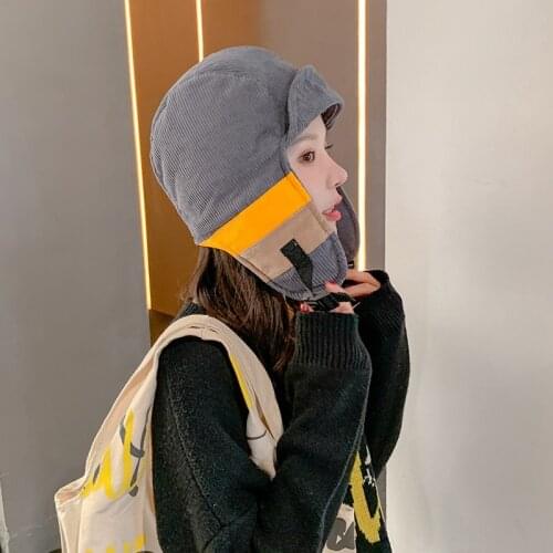 New Autumn winter unisex corduroy patchwork thick warm soft nap folding earflaps outing riding ski fashion couple Bomber cap