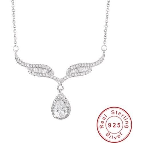 Brand 925 Sterling Silver Angel wings 2ct SONA DIAMOND Necklaces Water Drop Pendant Necklace Luxury wedding Jewelry for women