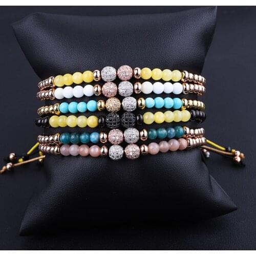 New Design Natural Stone Stainless Steel Beaded CZ Pave Ball Braided Friendship Macrame Bracelet Women