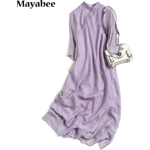 Nine-Sleeve Silk Dress 2021 Spring New Mulberry Silk Chinese Stand Collar Large Size Mid-length Long Dress