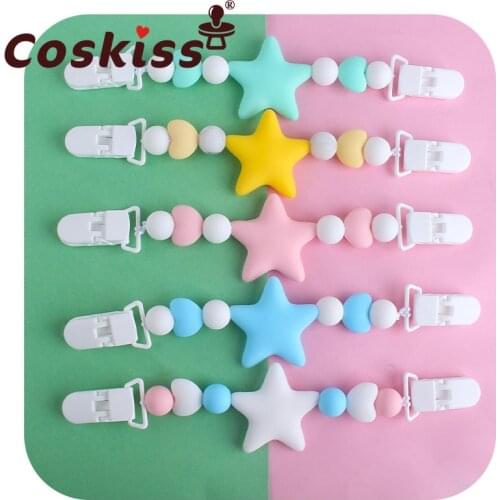 Coskiss Handmade Silicone Pacifier Chains Plastic Nipple Clip Safe Teething Star Silicone Beads Baby Dummy Nipple Holder