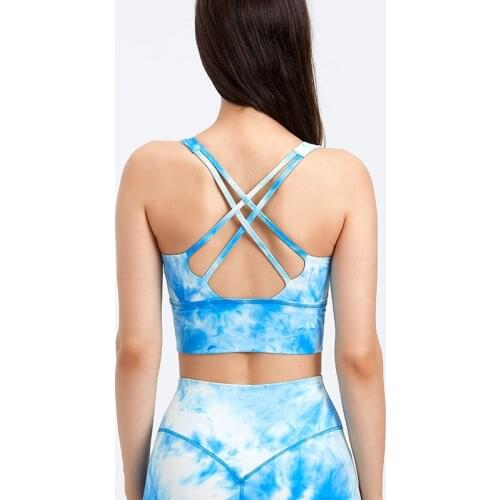 Naked Feel Tie Dye Workout Gym Yoga Crop Top Women Longline Cross Straps Padded Athletic Running Fitness Sport Bras Tops