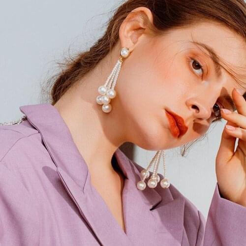 Fashion Imitation Pearl Earrings Long Big Long Drop Dangle Beaded Tassel Earring for Women Wedding Party Ear Jewelry