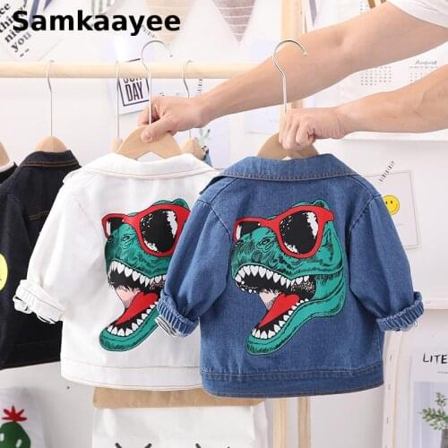 2-5y Kids Denim Jackets Coats Children Jeans Outerwear Spring Autumn Baby Girls Boys Dinosaurs Print Clothing Casual Clothes Y32