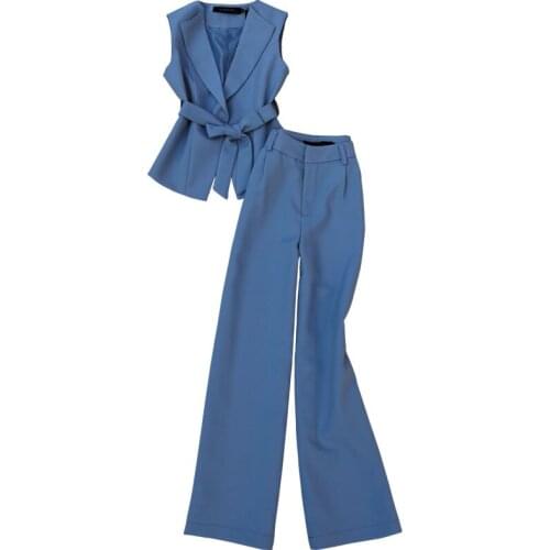 Womens Elegant Pants Suit 2-piece New Spring and Summer Solid Color Sleeveless Vest Jacket Fashion High Waist Wide Leg Pants