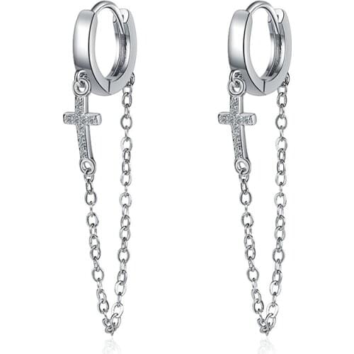 Womens Fashion Charming Tassel Hoop Earrings Shiny Crystal Cross Chain Pendants Dangle Earring Piercing Hoops Huggie Jewelry