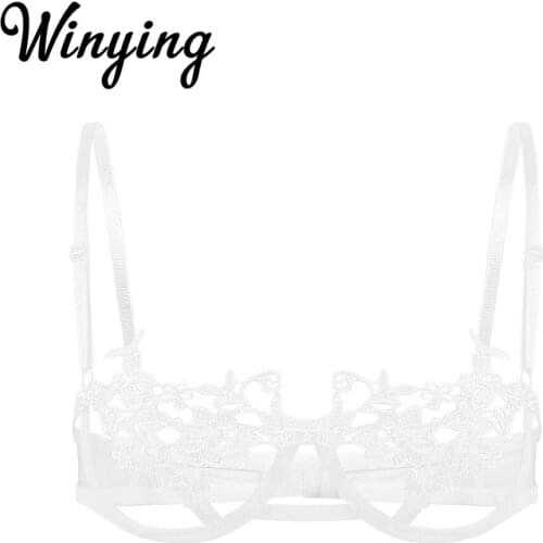 Womens Sexy Lingerie Sheer Lace Erotic Underwear Adjustable Straps White Floral Cups Underwired Transparent Bra Tops Nightwear