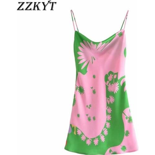 ZZKYT 2021 Women Summer Vintage Print Button Mini Dress Fashion Sexy V-Neck Backless Tin Tie Straps Female Party Dresses Mujer