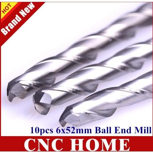 10pcs 6*52mm 2 Flute Ball Nose Carbide End Mill, CNC Router Bits, Engraving Bits, Woodworking Tool Cutters for 3D Relief Carving