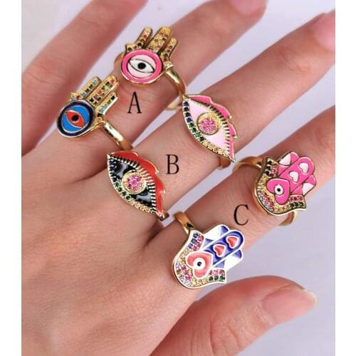 10Pcs Shiny Rainbow Micro Pave Zirconia and Enamel Eye/Hand Charm Open Adjusted For Women Rings