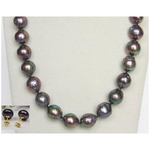 FREE shippingGIANT natural baroque 17mm peacock black Reborn keshi pearls necklace earring