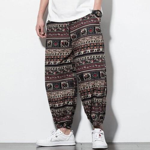 Spring and Summer Boutique Fashion Lightweight Cotton and Linen Breathable Hip-hop Mens Casual Pants Flower Loose Ethnic Style