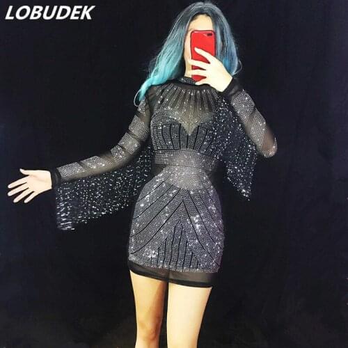 Black Sexy Perspective Crystals Tassels Sleeve Short Dress Mesh See-through Rhinestones Tights Dress Nightclub DJ Singer Costume