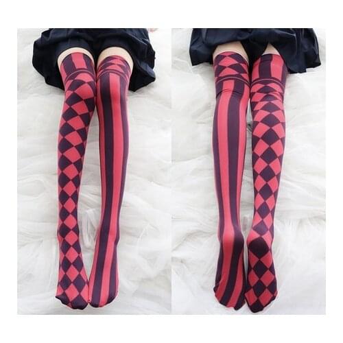 Anime Lolita Girl Stripe Printing Stockings Japanese Retro Gothic Punk Velvet Long Over Knee High Socks Women Cosplay Halloween