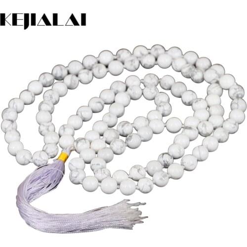 KEJIALAI Exclusive 108 White Howlite Stone Beads Necklace Long Tassel Necklace Spiritual Yoga Jewelry Women Bohemian Necklace