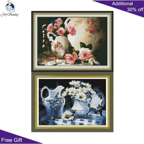 Joy Sunday Charm Of Porcelain H129 H130 14CT 11CT Chinese Ceramic Vase Beautiful Flowers Home Decor Embroidery Cross Stitch kits