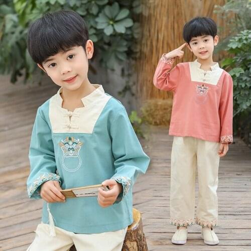 Boys Chinese National Style Sets Spring T-Shirt+Pants 2PCS Children Traditional Boy Tang Dynasty Hanfu Dragon Retro Cute Clothes