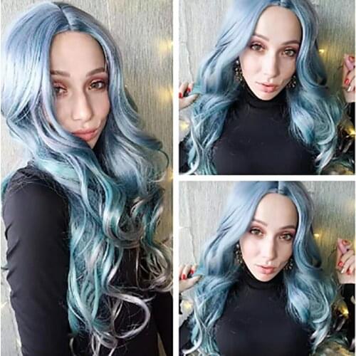 Hairjoy Long Wavy Blue Ombre Synthetic Hair Women Middle Part Wig