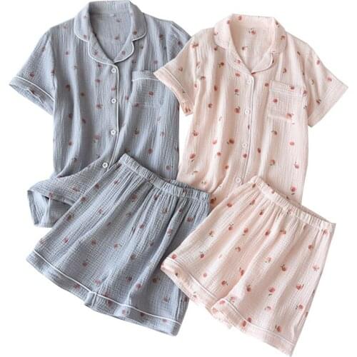 Summer New Ladies 100% Gauze Cotton Cute Cartoon Peach Printed Household Pajamas Set Turn-Down Collar Top+Shorts 2PcsSleepwear
