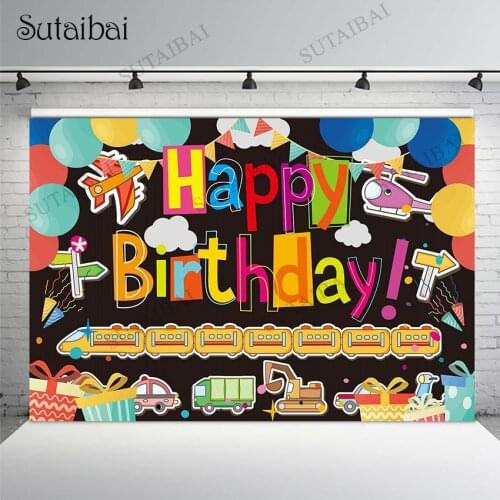 Colorful Vehicle Backdrop Background for Baby Boys Train Plane Car Truck Transportation Birthday Backdrop Balloon Party Banner