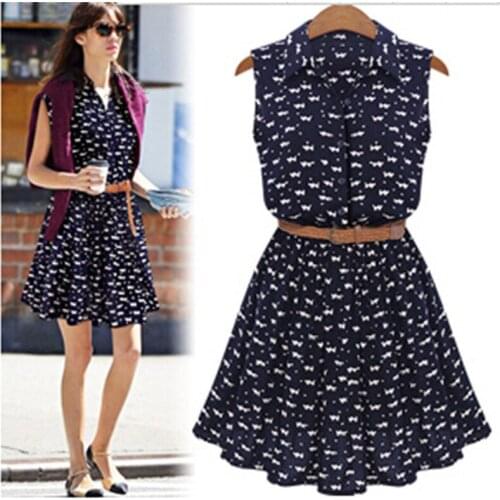 Summer Fashion Women Shirts Dress Cat Footprints Pattern Thin Shirt Dress Casual Dresses With Belt 2020