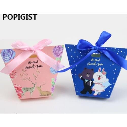 Bear Rabbit Couple Wedding Candy Box DIY Creative Pink Sweet Love Deer Hanging Wedding Favor Gift Box 50pcs