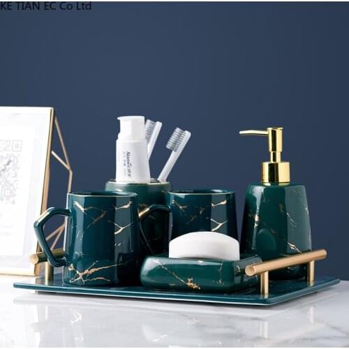 Five-piece Bathroom Ceramic Marble Pattern Four-piece Wash Set with Tray Luxury Bathroom Mouthwash Cup Soap Dish Tooth Cylinder