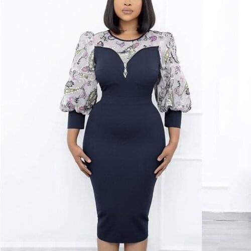 African Fashion Women Dresses Office Style Dot Patchwork Bow High Waist Bodycon Mid Calf Elegant Business Work Wear Vestidos New