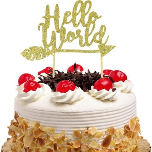 Hello World Cake Toppers Flags Happy Birthday Glitter Kids Baby Cupcake Topper Wedding Baby Shower Party DIY Baking Xmas Decor