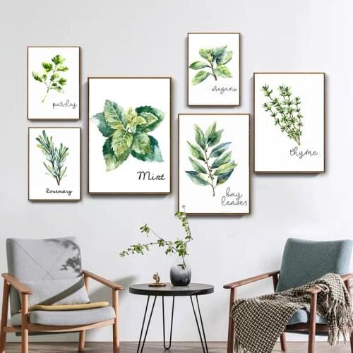 Tropical Plants Poster Green Lay Leaves Mint Thyme Flower Decorative Picture Modern Wall Art Painting for Living Room Home Decor