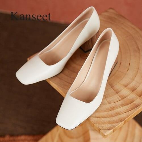 Kanseet 2021 New Arrival Women Pumps Spring Autumn Genuine Leather Shoes Handmade Square Toe Yellow Beige Fashion High Heels