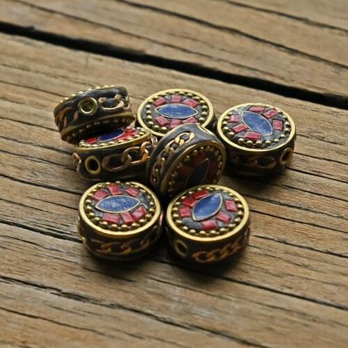 TZ-F08 Circular Antique Gold Retro Nepal Beads Red Coral Tibetan Metal Beads For Jewelry Making DIY Charm Bracelet Necklace