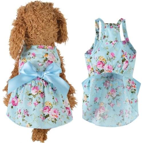 Spring Summer Blue Flower Print Cotton Cute Pet Dress Cat Dog Costume Outfit Clothes Sweet Lady Style Date Dress Back Bow Tie