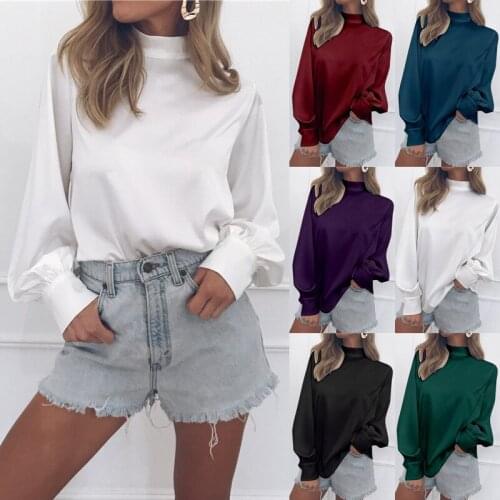 S-2XL women turtleneck women long sleeve shirts autumn spring lantern sleeve pure color tops shirt