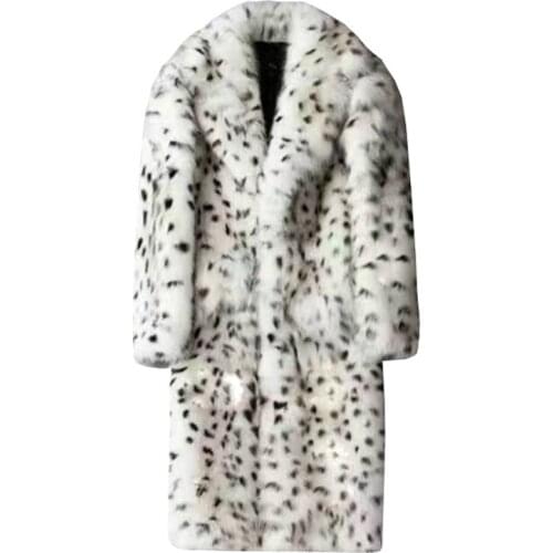 S-6XL New Leopard Leather and Fur in One Mens Outerwear Long Business Suit Collar Imitation Fox Fur Overcoat Faux Fur Coat