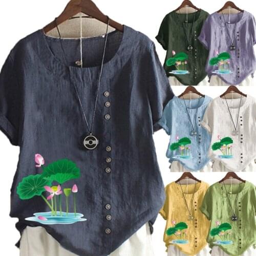 New Womens Summer Casual Lotues Flower Printing Loose T-shirt Retro Round Neck Short Sleeve Top S-5XL