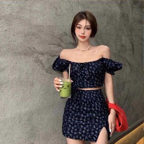 KPOP Dress Sets Sweet Shorts Broken Flower Skirts Exposed Navel Two Piece Set Women Split Skirt 2021 New Puff Sleeve 2 Piece Set