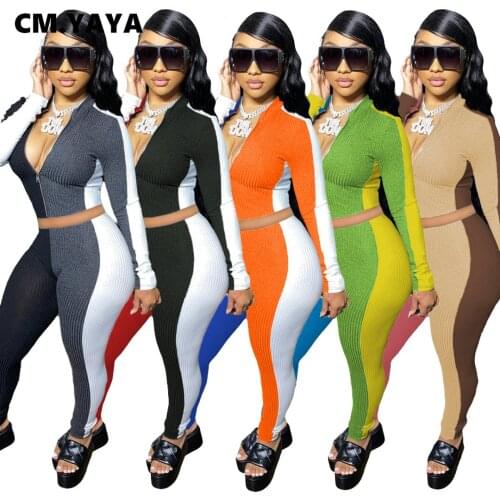 CM.YAYA Knitted Patchwork Womens Set Ribbed Zipper Long Sleeve Top Legging Pant Set Tracksuit Fitness Two Piece Matching Set
